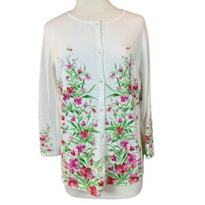 Jones NY Signature Long Sleeve Crewneck Pink Green Floral Motif Cardigan XL NWT